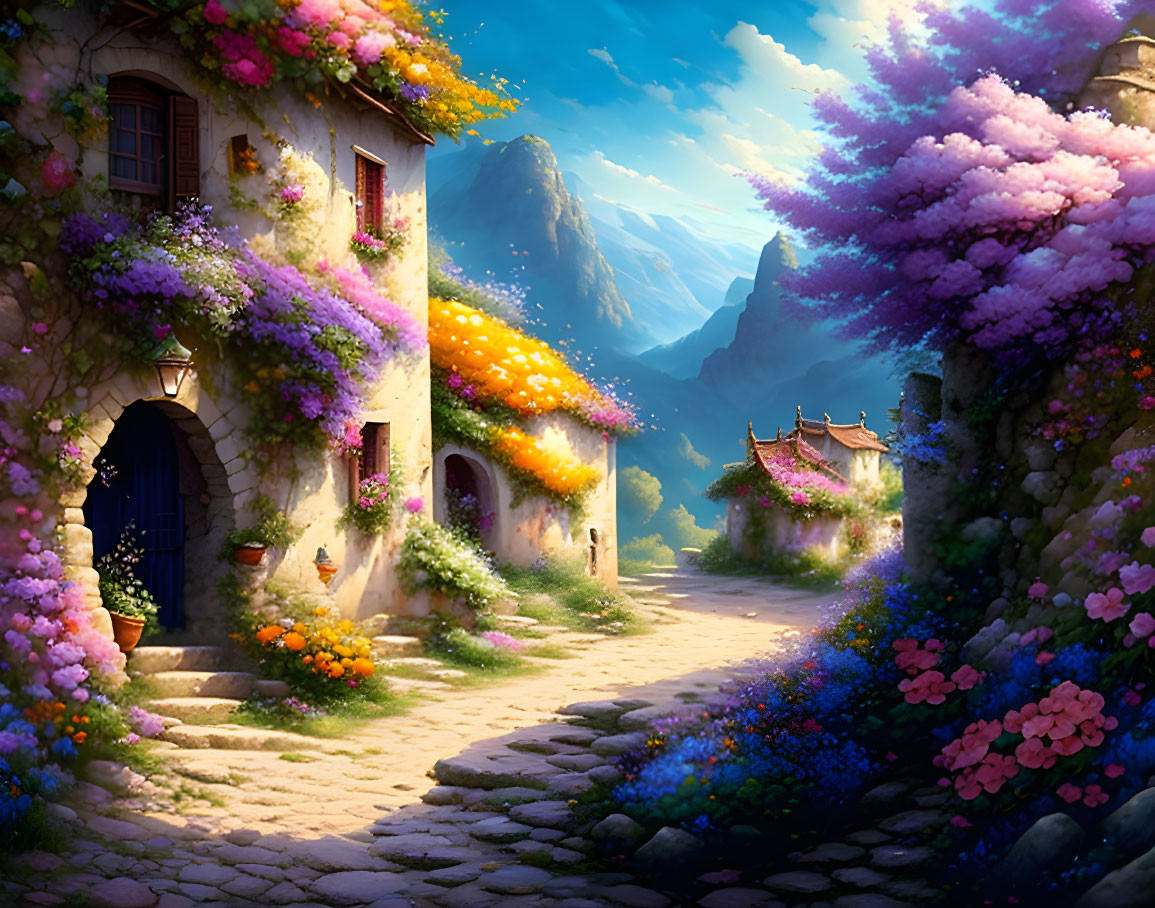 Colorful Fantasy Village with Flowers and Mountain View