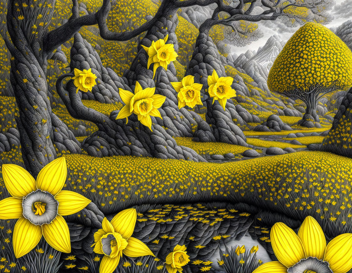 Monochrome landscape with vibrant yellow daffodils and intricate textures