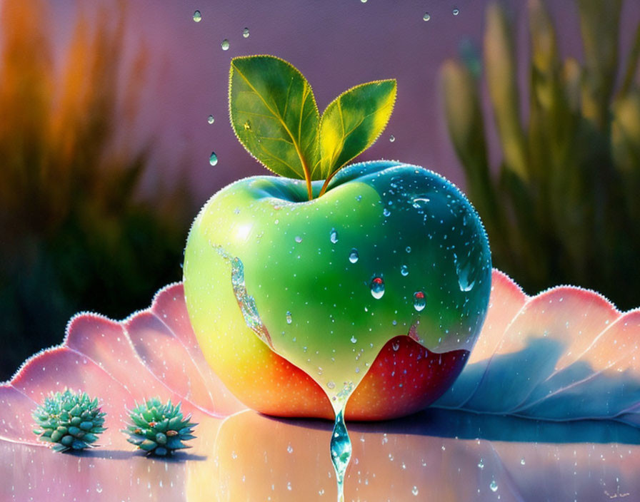 Colorful Surreal Illustration: Glossy Apple with Water Droplets on Pink Surface