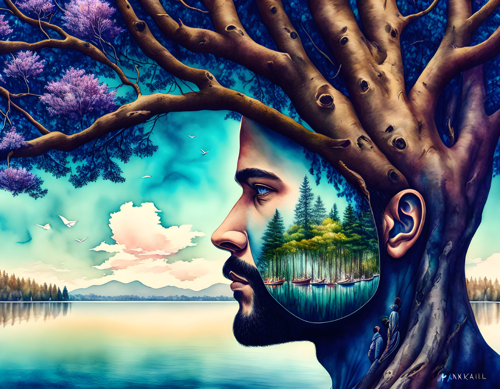 Man's profile merges with scenic landscape in surreal illustration