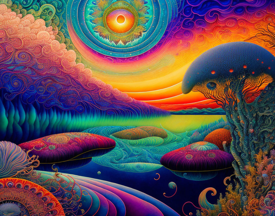 Colorful Psychedelic Sunset Artwork with Waves and Mushrooms