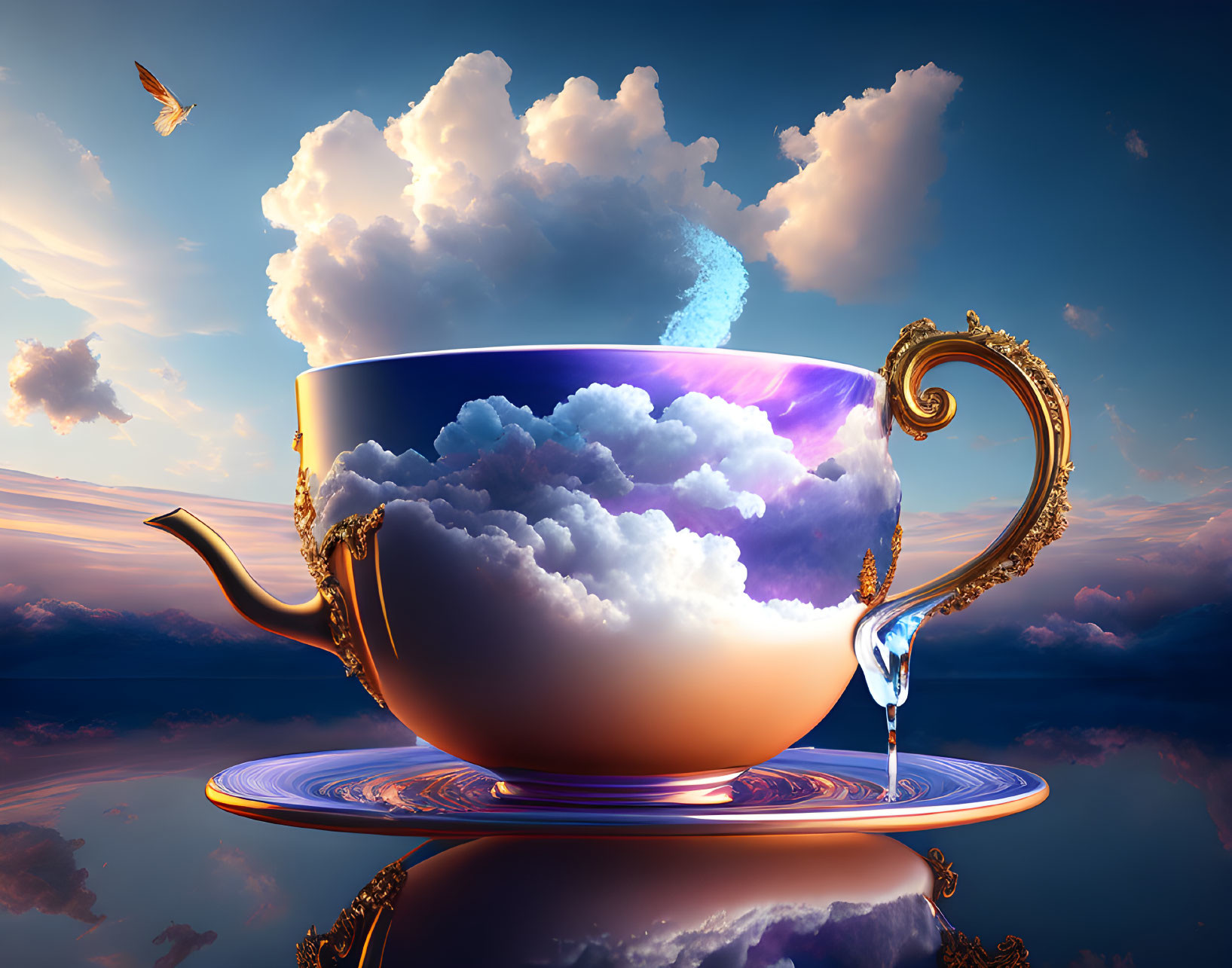 Surreal teapot with clouds and butterfly in picturesque sky