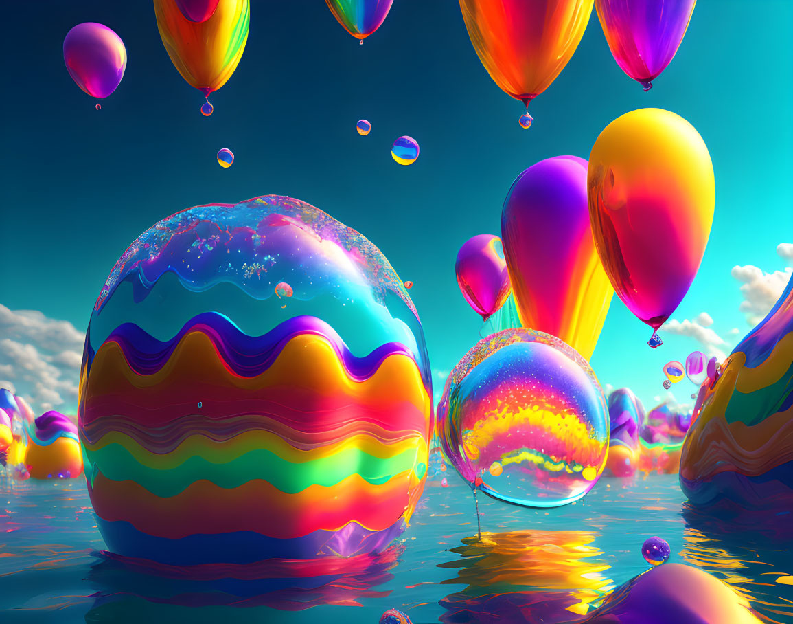 Colorful Balloons and Bubbles Floating Over Reflective Water in Digital Art