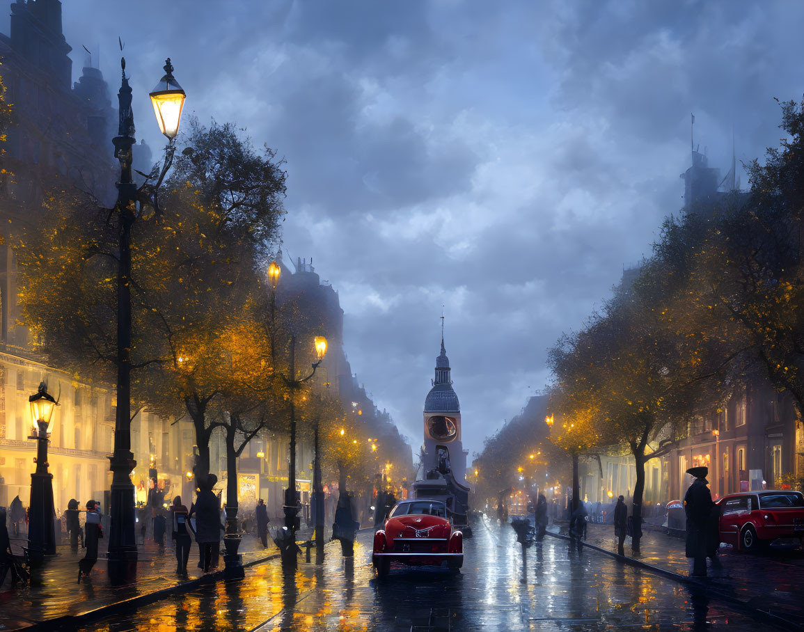 Rainy evening scene: Glowing street lamps, red car, bustling pedestrians in misty city street