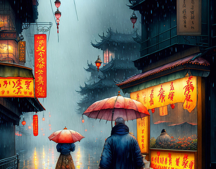 Asian street scene: Rain, umbrellas, lanterns, pagoda