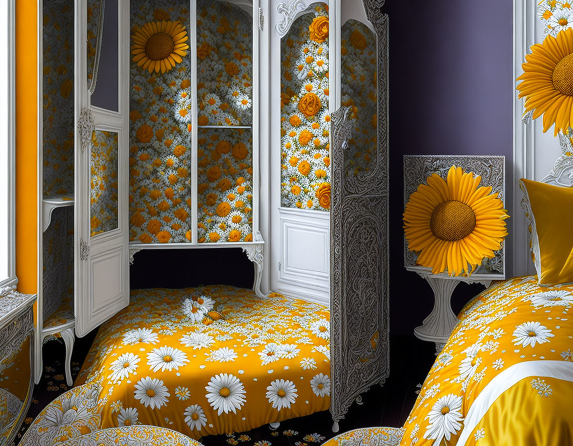 Bright yellow floral bedding in a bedroom with purple walls