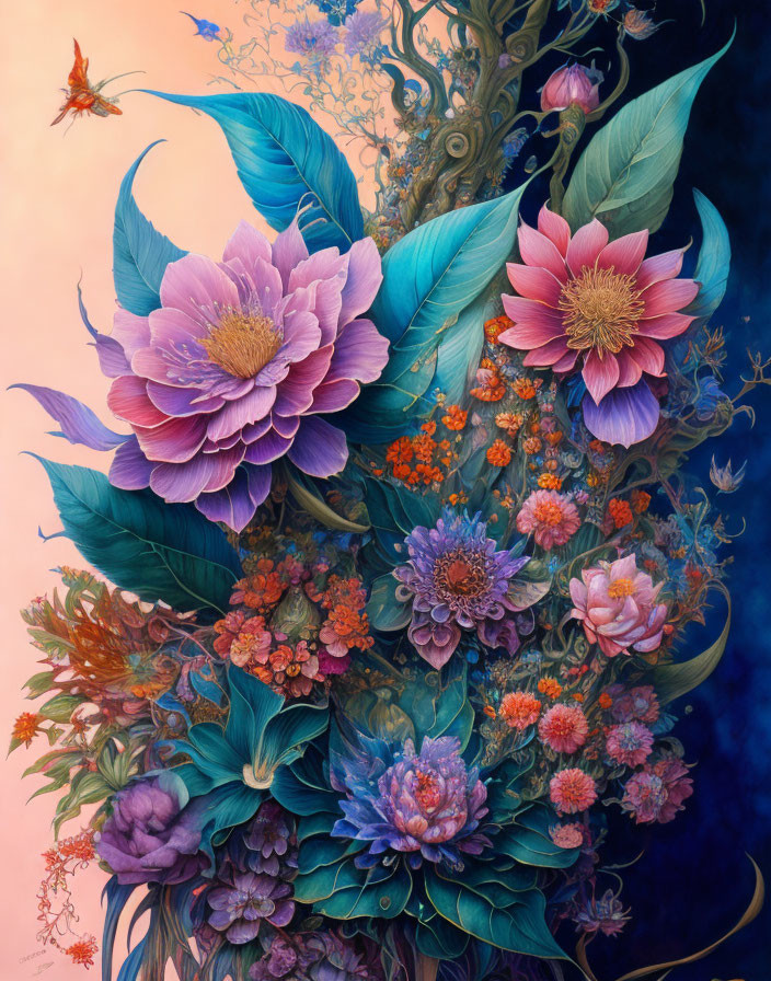 Colorful Floral Painting with Butterfly Creature in Pink and Blue