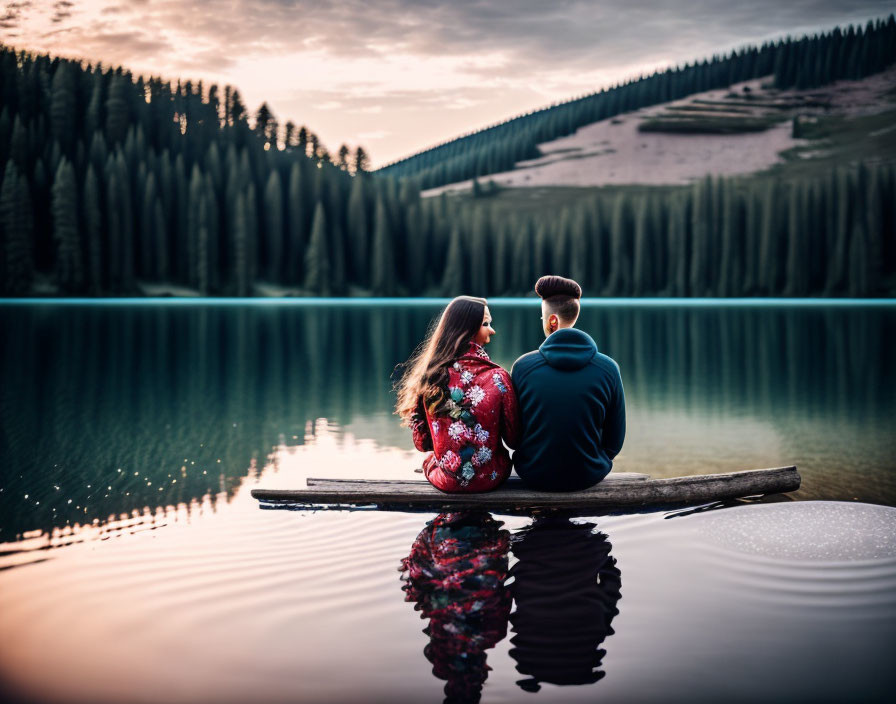 Couple sitting on wooden pier overlooking tranquil lake at dusk.