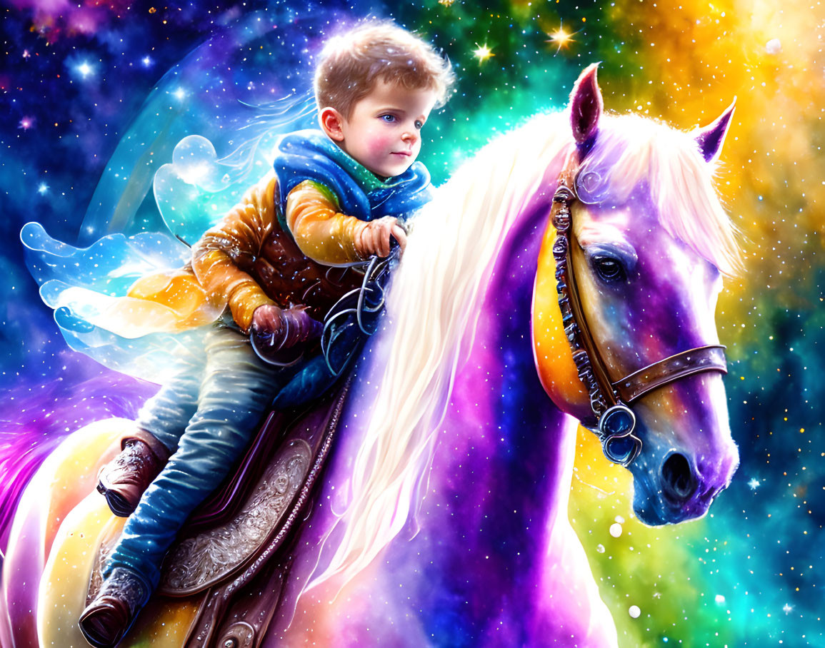 Child in brown jacket rides white horse in cosmic scene