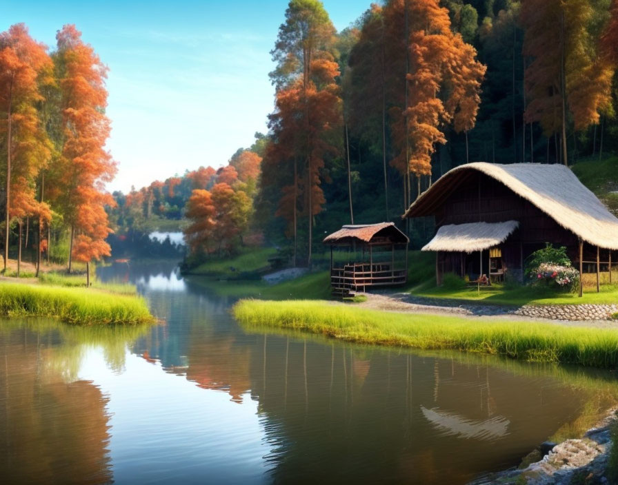 Tranquil autumn landscape with river, thatched roof huts, and colorful trees