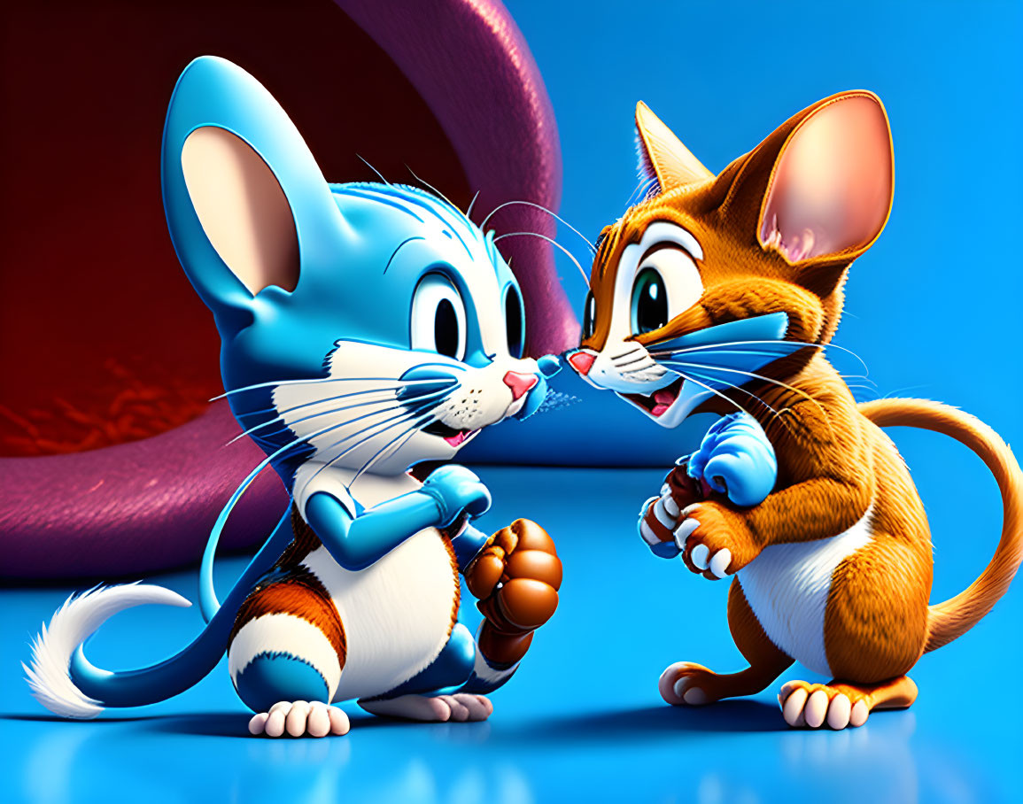 Two playful animated mice on red and blue background