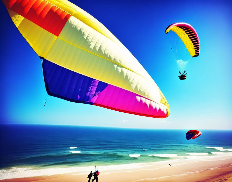 Vibrant paragliders soar over sunny beach and ocean