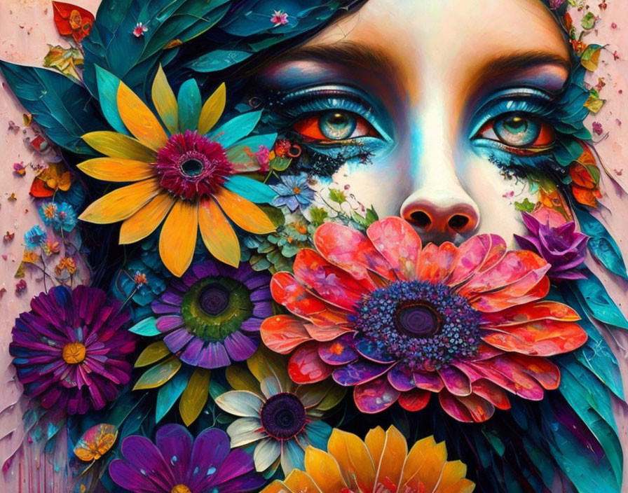 Vibrant floral portrait of a woman with striking blue eyes