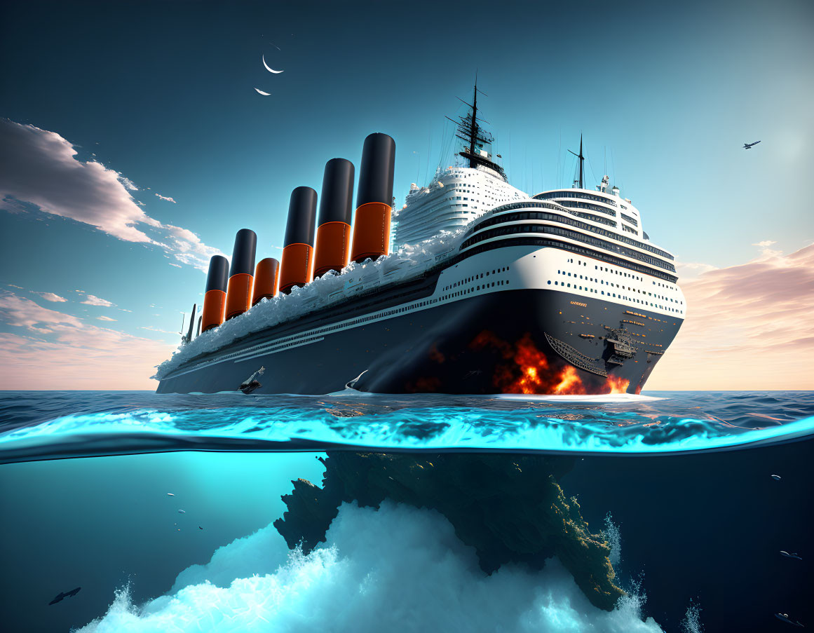 Futuristic ship with orange funnels split in half underwater