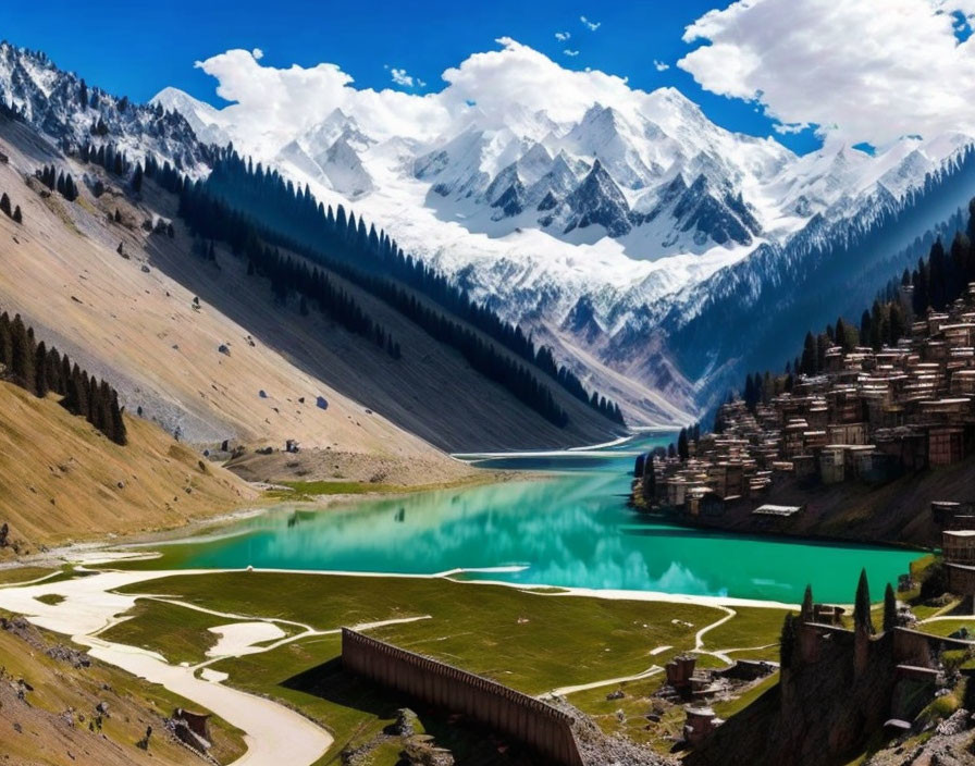 Turquoise Lake in Mountain Valley with Snow-Capped Peaks