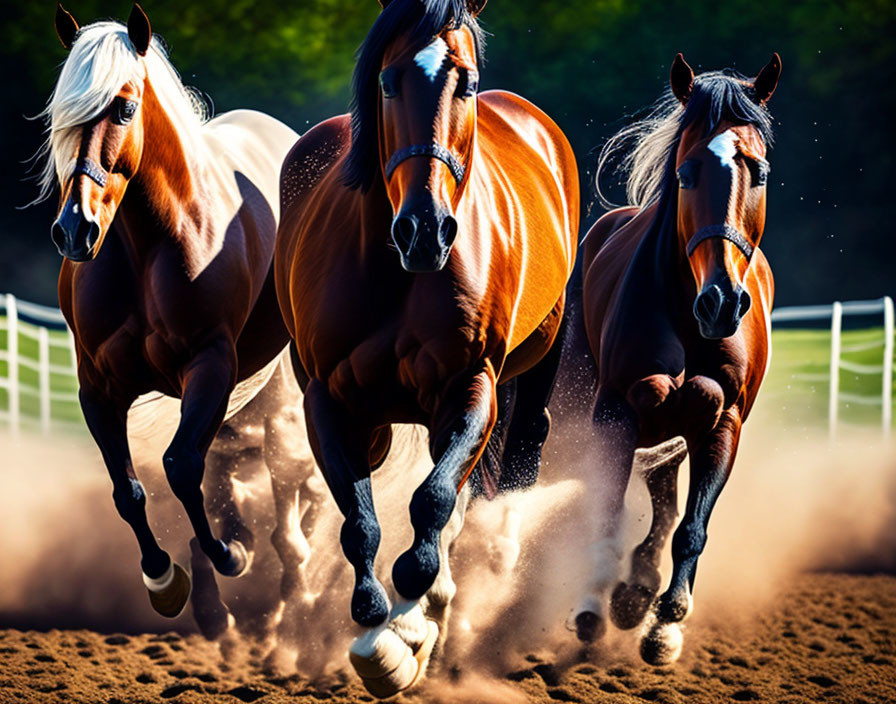 Three Galloping Horses in Sandy Arena with Glossy Coats