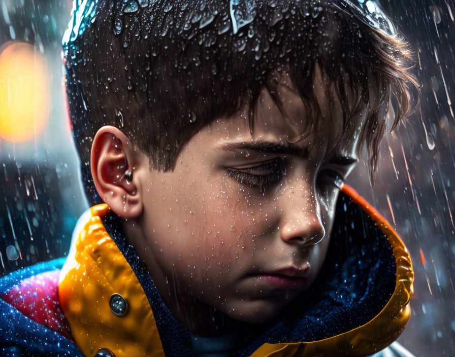 Young boy in yellow and blue jacket with raindrops, looking contemplative