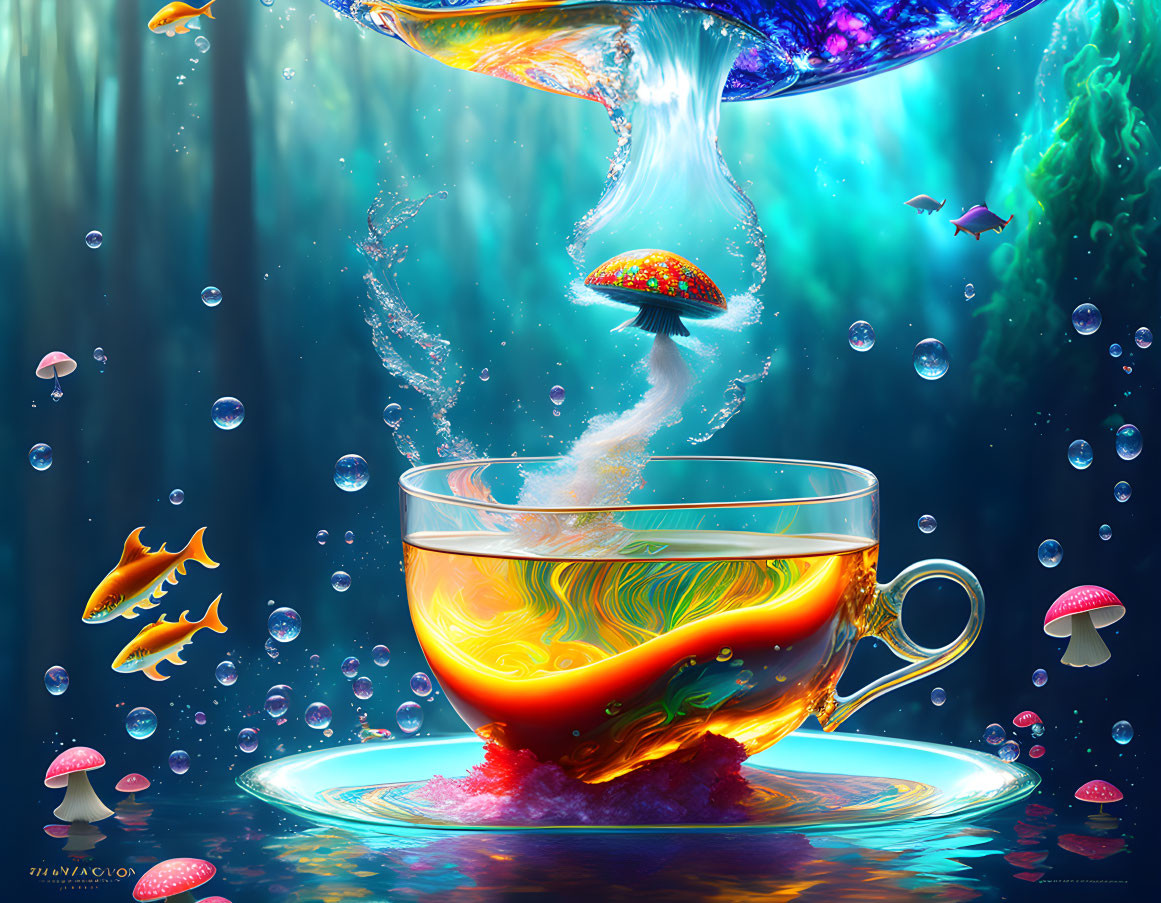 Surreal underwater teacup with marine life and swirling whirlpool