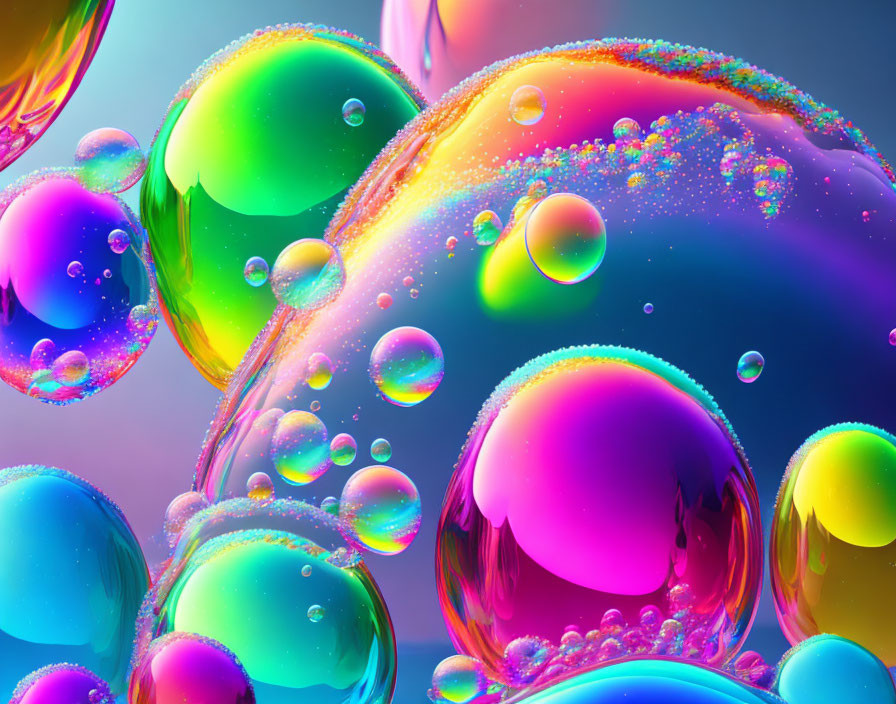 Colorful bubbles with water droplets and rainbow reflections.