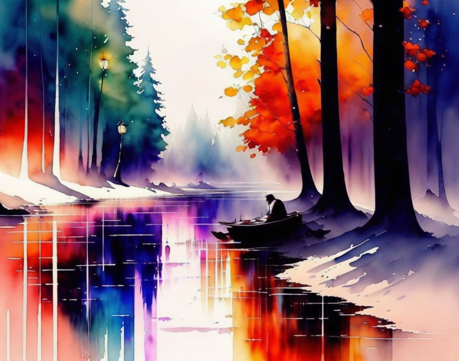 Colorful watercolor painting of person in boat surrounded by autumn-winter trees