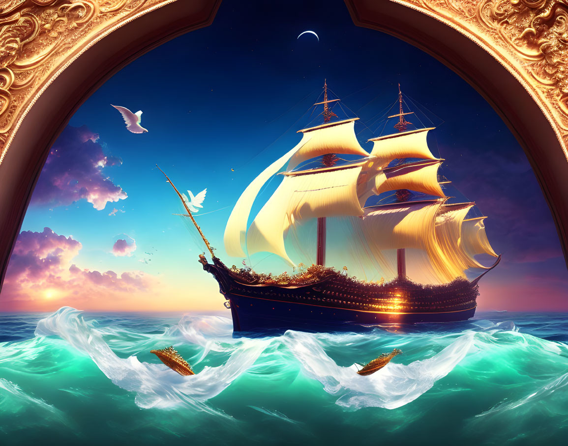 Majestic sailing ship on turbulent teal waters under vivid sky
