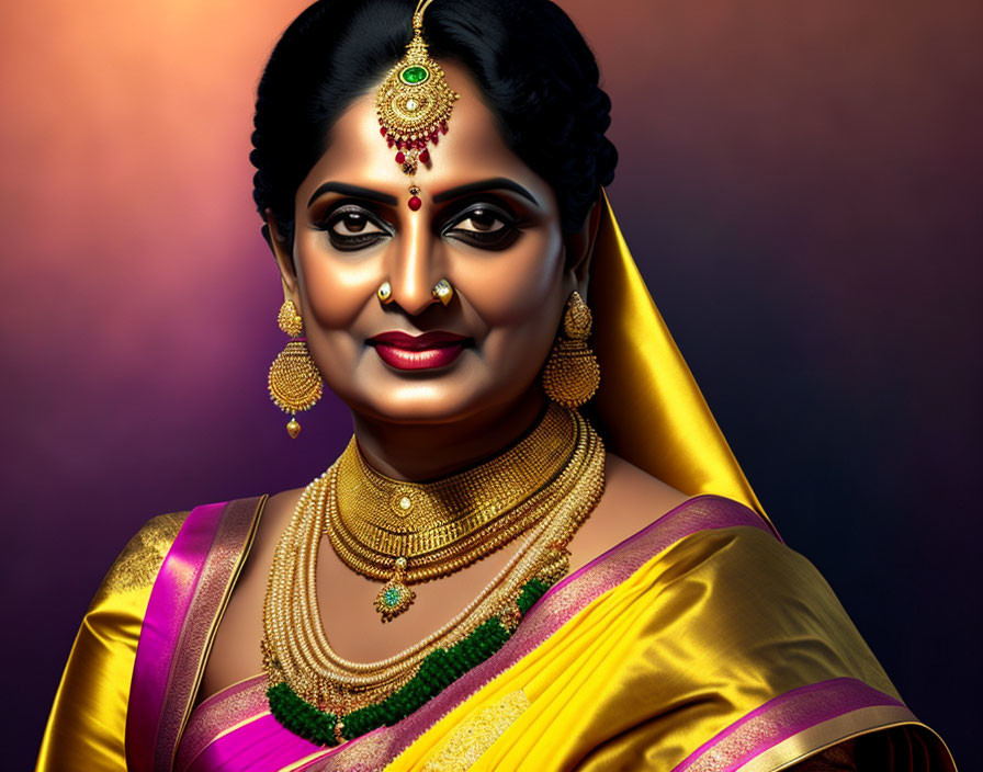 Traditional Indian Attire Illustration with Gold Jewelry on Gradient Background