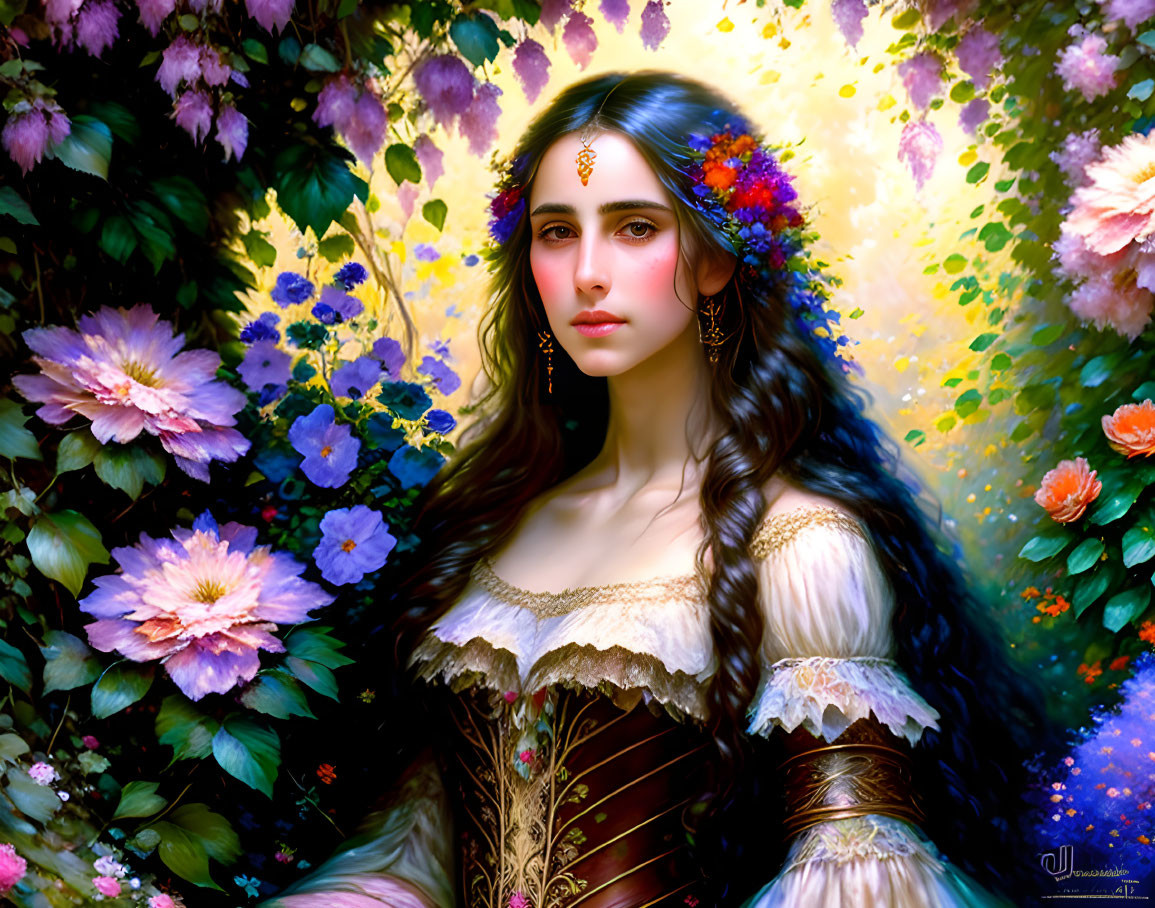 Woman with Dark Hair in Traditional Dress Surrounded by Flowers