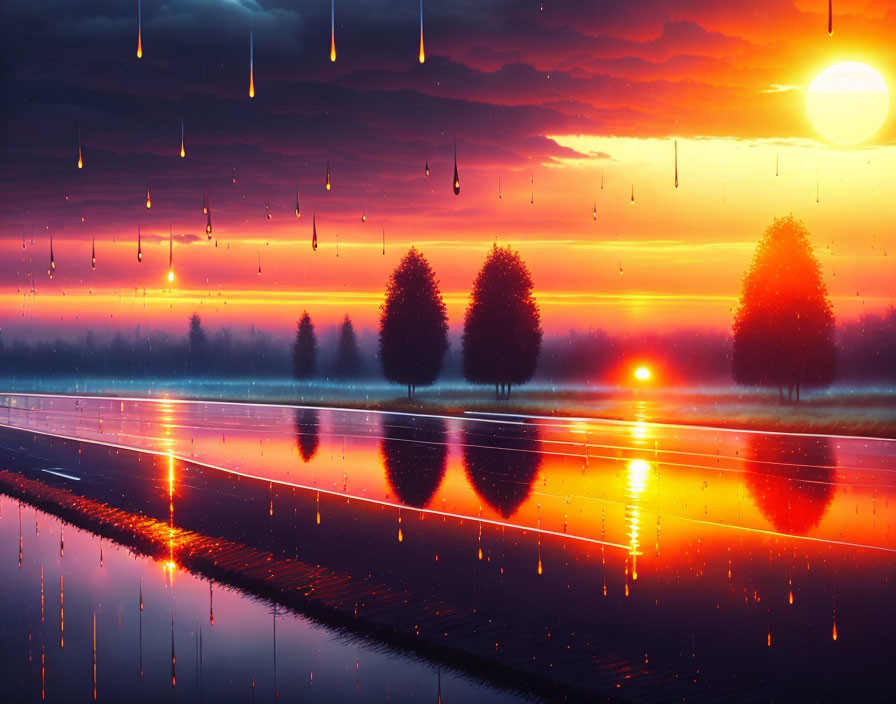 Surreal landscape with trees, reflective surface, vibrant sunset sky, glowing rain, and suspended dro