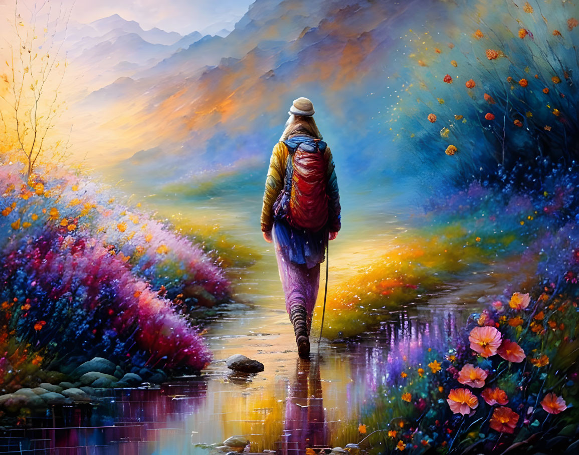 Hiker on Flower-Lined Path by Reflective Water at Dusk