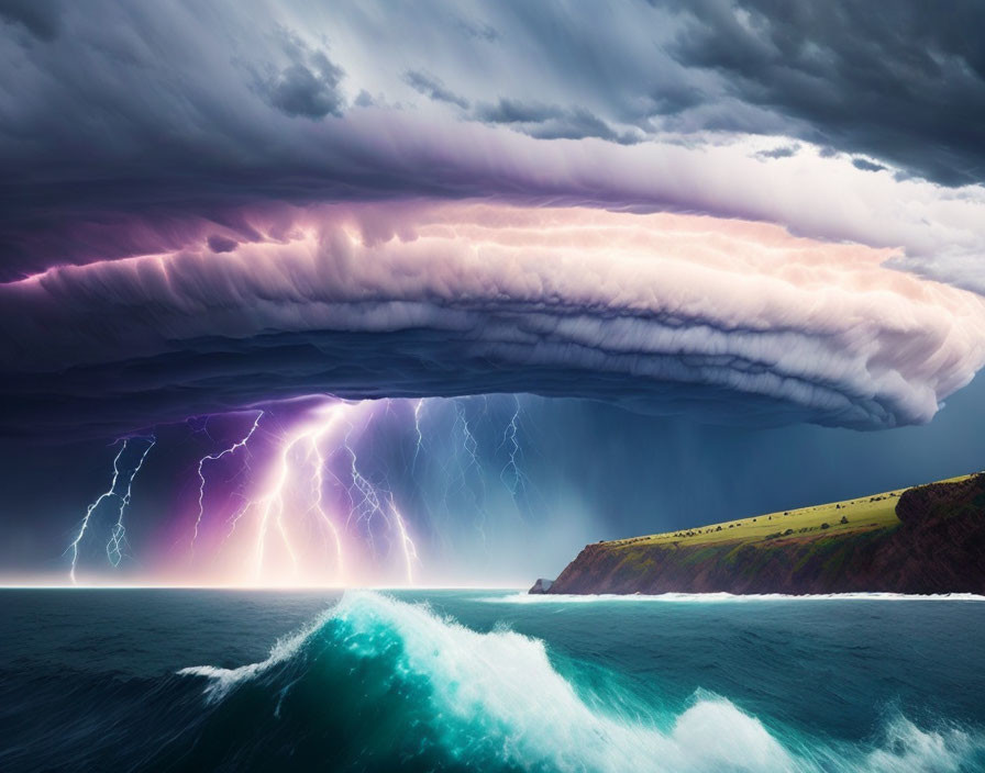 Stormy Seascape with Massive Shelf Cloud and Lightning Strikes