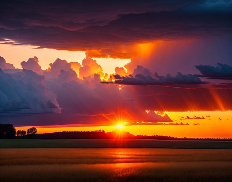 Dramatic sunset with sunrays through storm clouds over serene field