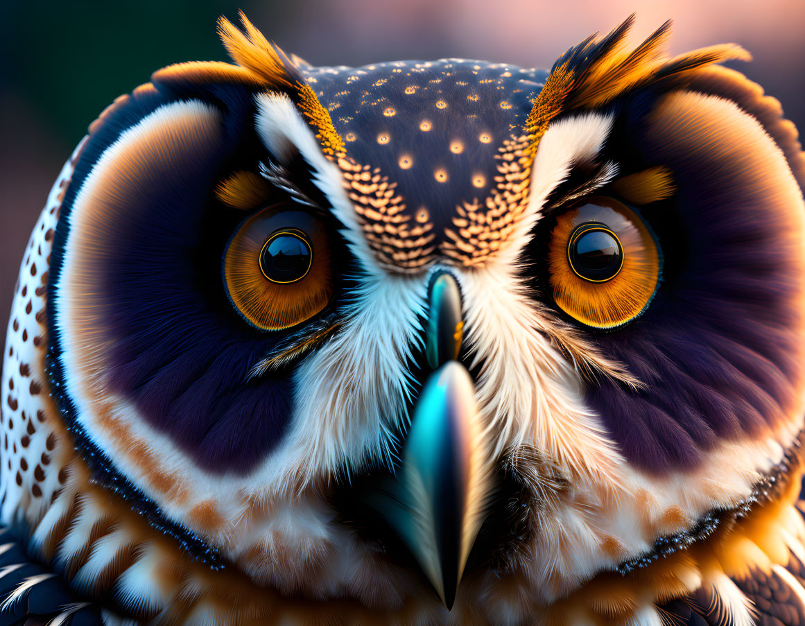 Vibrantly colored owl with orange eyes and blue beak in close-up view