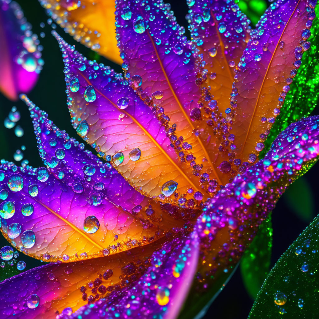 Close-up of Vibrant Purple and Orange Flower with Water Droplets on Dark Background