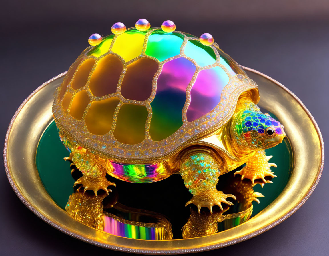 Colorful Gem-Studded Turtle Figurine on Golden Plate