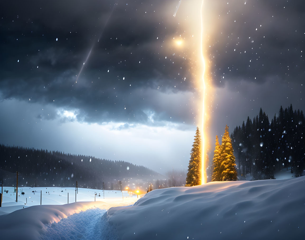 Snowy Night Scene: Meteor, Street Lamps, Glowing Trees