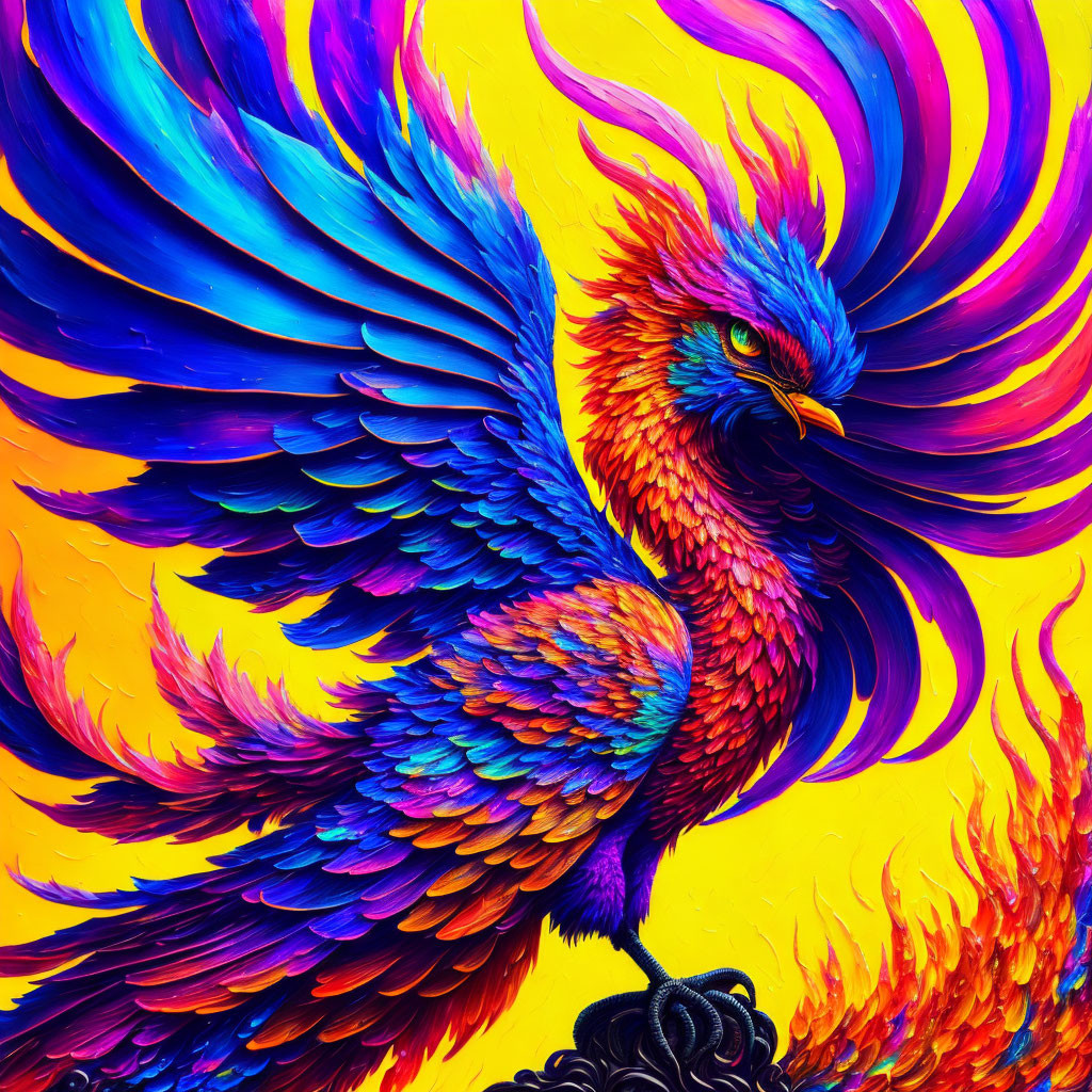 Colorful Phoenix Mural with Blue, Red, and Purple Feathers