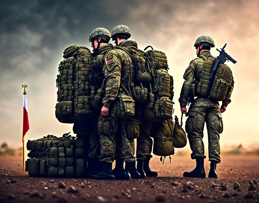 Three soldiers in full gear with flag and sandbags in barren landscape