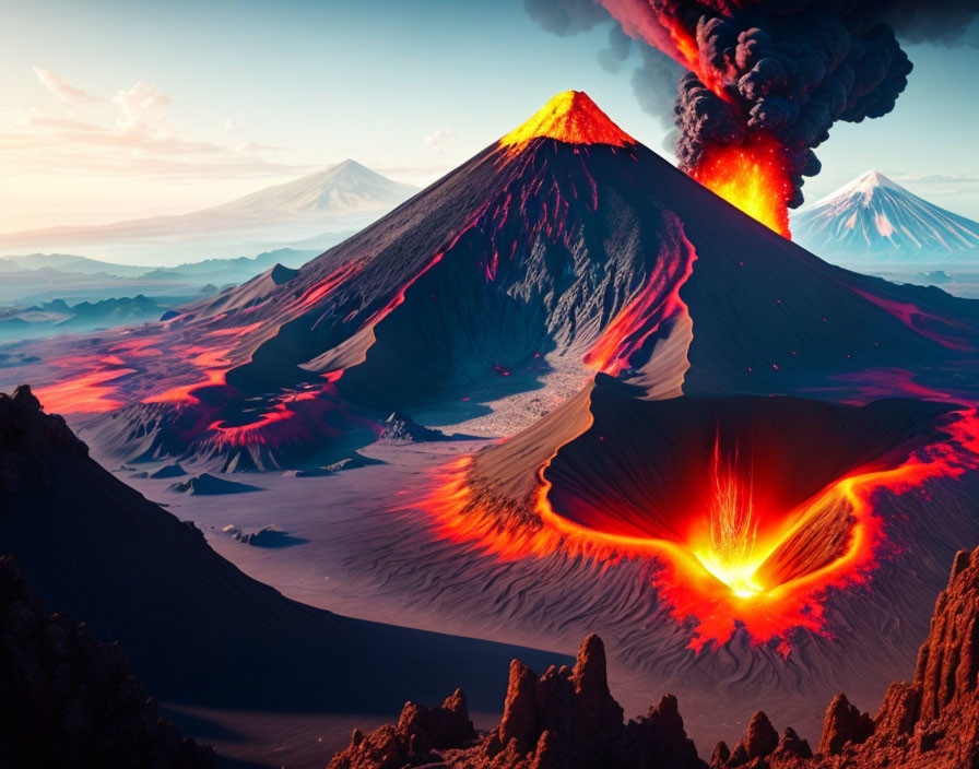 Erupting volcano with flowing lava and smoke among mountains under dramatic sky