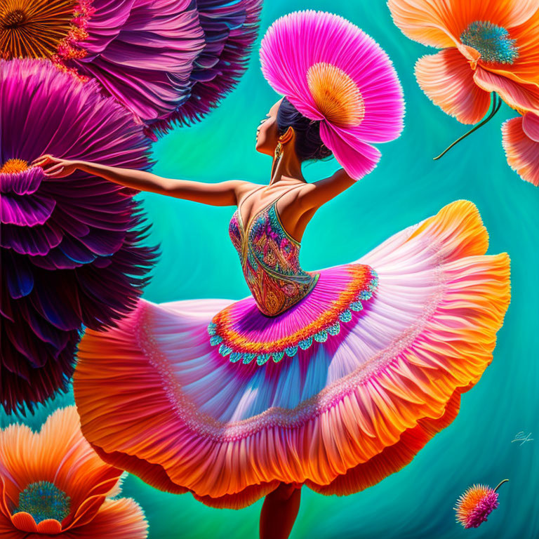 Colorful artwork of dancer with giant flowers and swirling dress