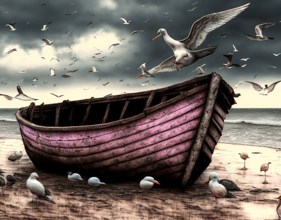 Weathered wooden boat on pebbled shore with seagulls under stormy sky