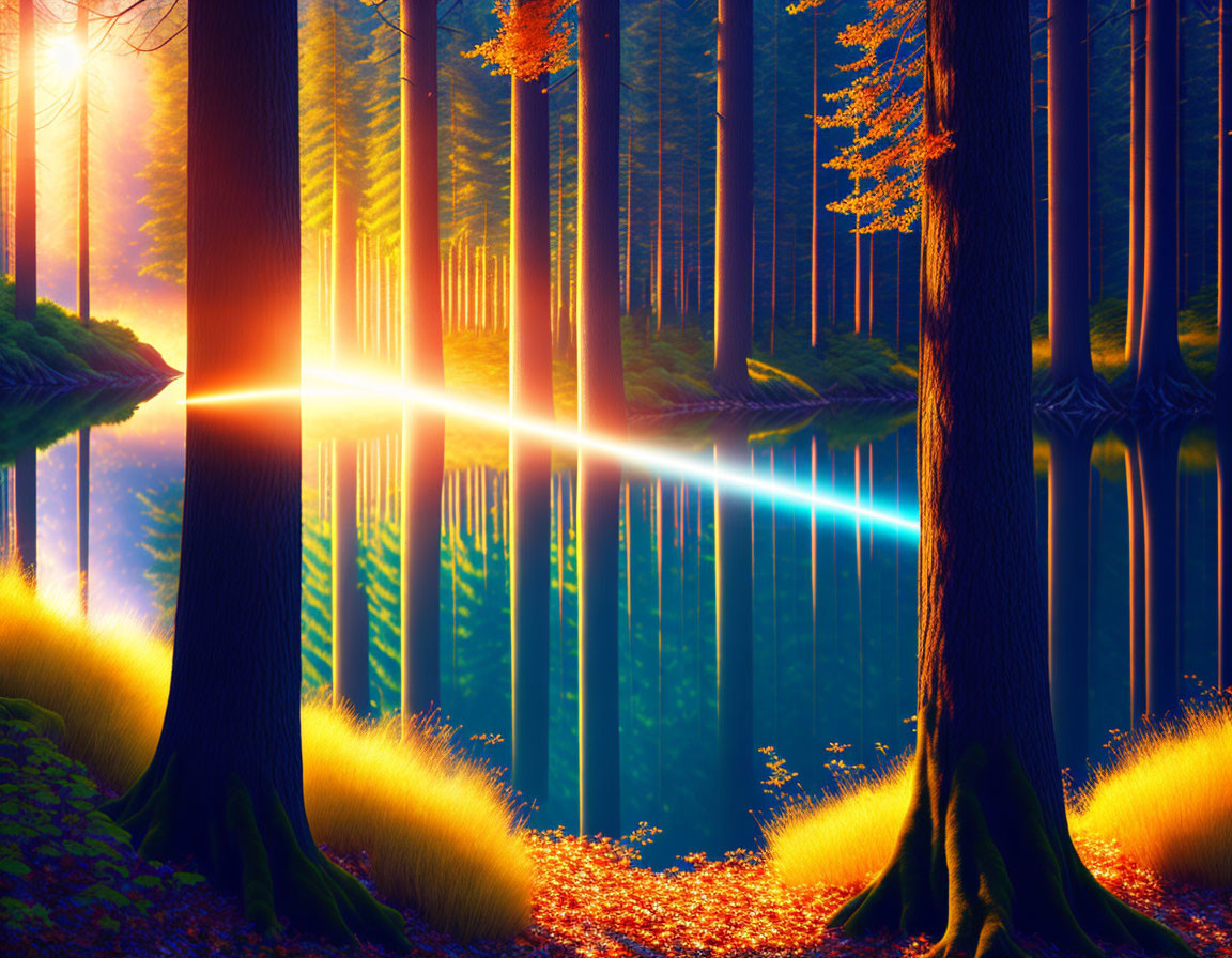 Vivid forest with sunlight, lake, autumn leaves, and warm glow