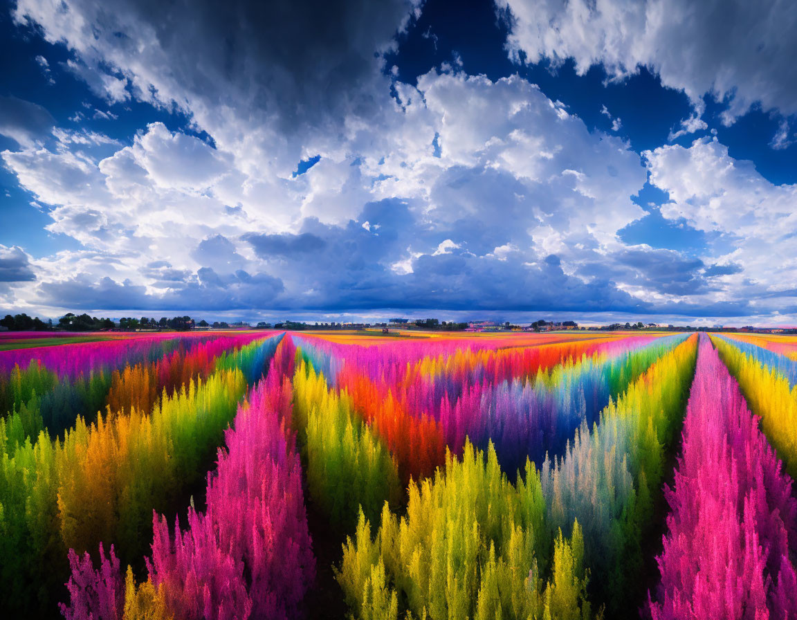 Colorful Flowers in Vibrant Rows under Dramatic Blue Sky