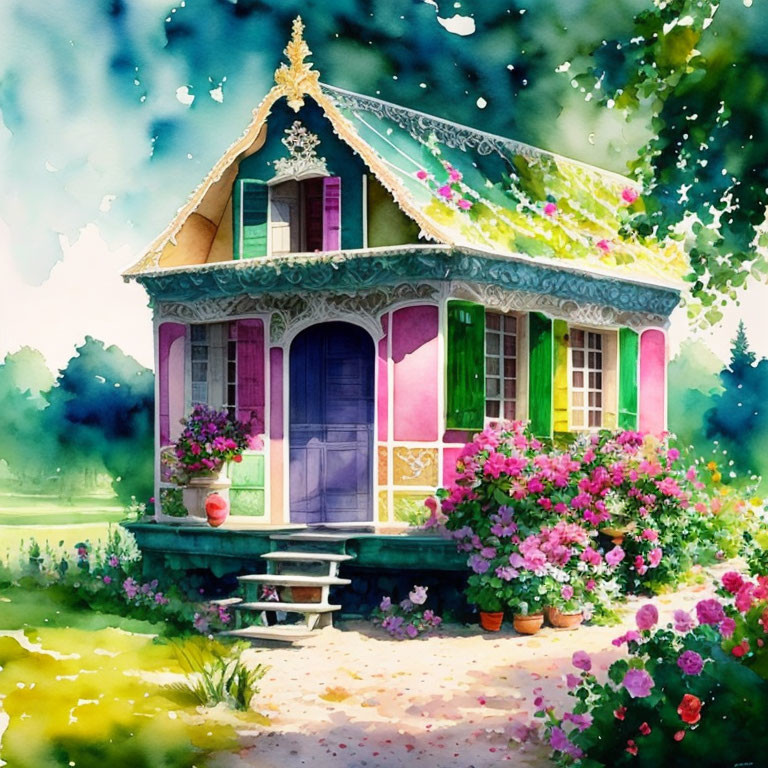 Serene watercolor painting of cozy cottage in lush garden