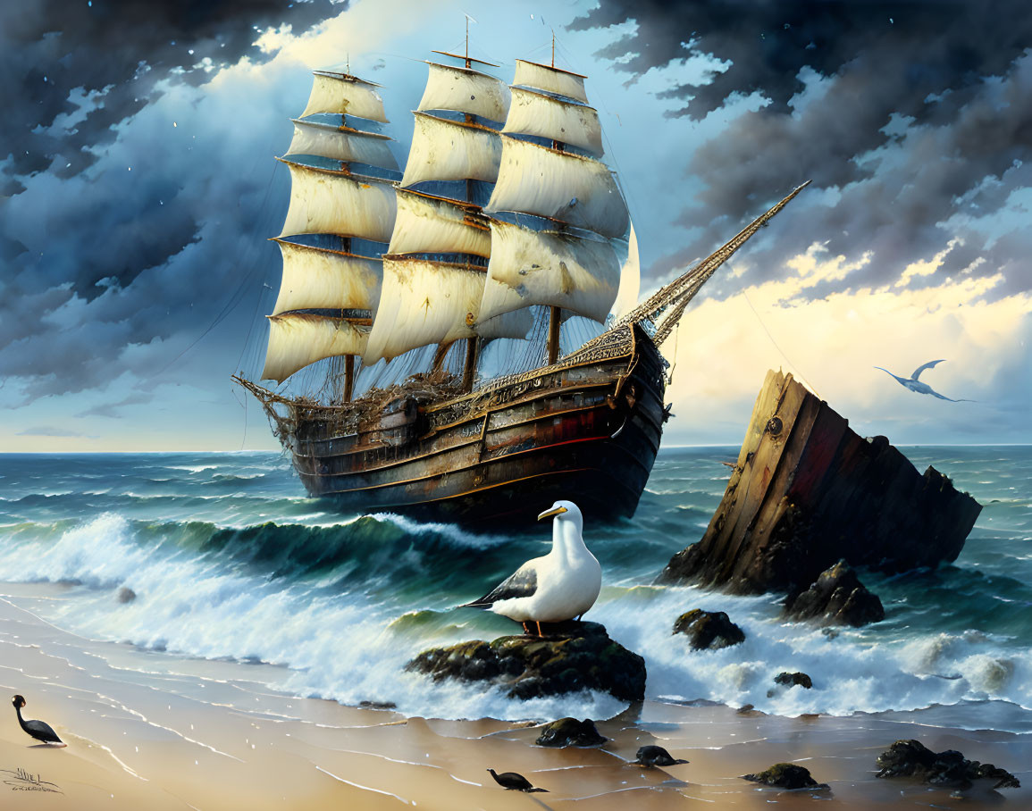 Sailing ship in stormy seas with shipwreck, dramatic sky, seabirds