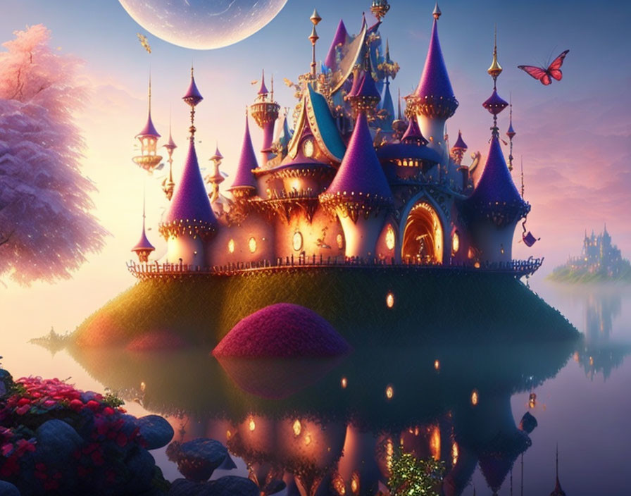 Fairytale castle on island at dusk with reflective water, vibrant flora, butterfly, and purple sky