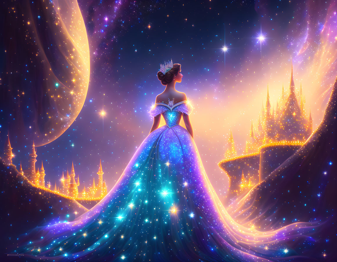 Regal animated figure in luminous gown gazes at cosmic landscape