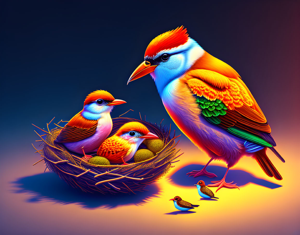 Colorful bird with chicks and tiny bird on purple backdrop