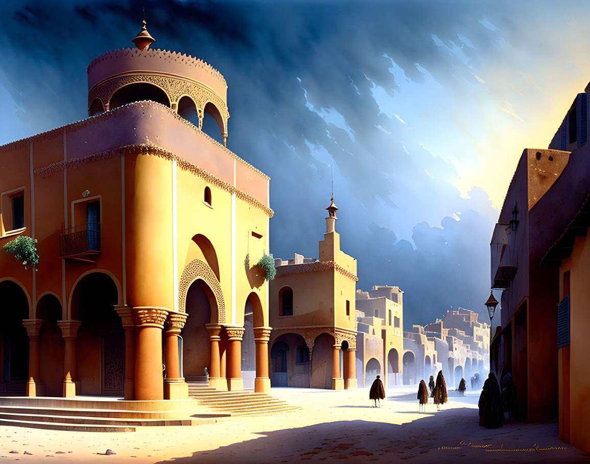 Sunlit Desert City Street with Traditional Architecture and People Strolling