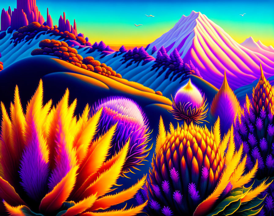 Colorful surreal landscape with fiery flora and distant mountains under twilight sky.