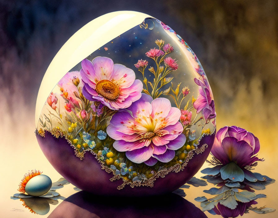 Colorful floral art on painted eggs with reflection on warm background